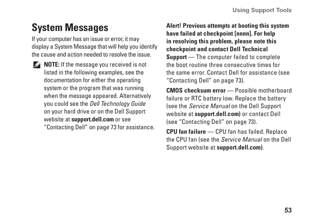 Dell 1745, 1747, P02E001, 0K027RA00 setup guide System Messages, Using Support Tools 