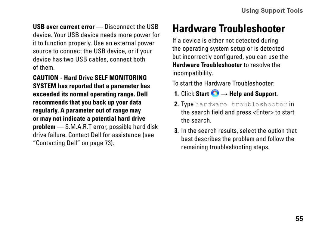 Dell 1747, 1745, P02E001, 0K027RA00 setup guide Hardware Troubleshooter, Click Start → Help and Support 