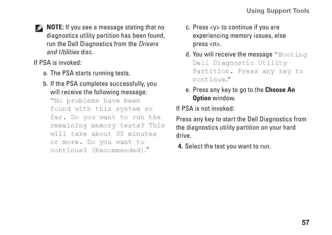 Dell 0K027RA00, 1747, 1745, P02E001 setup guide If PSA is invoked PSA starts running tests 