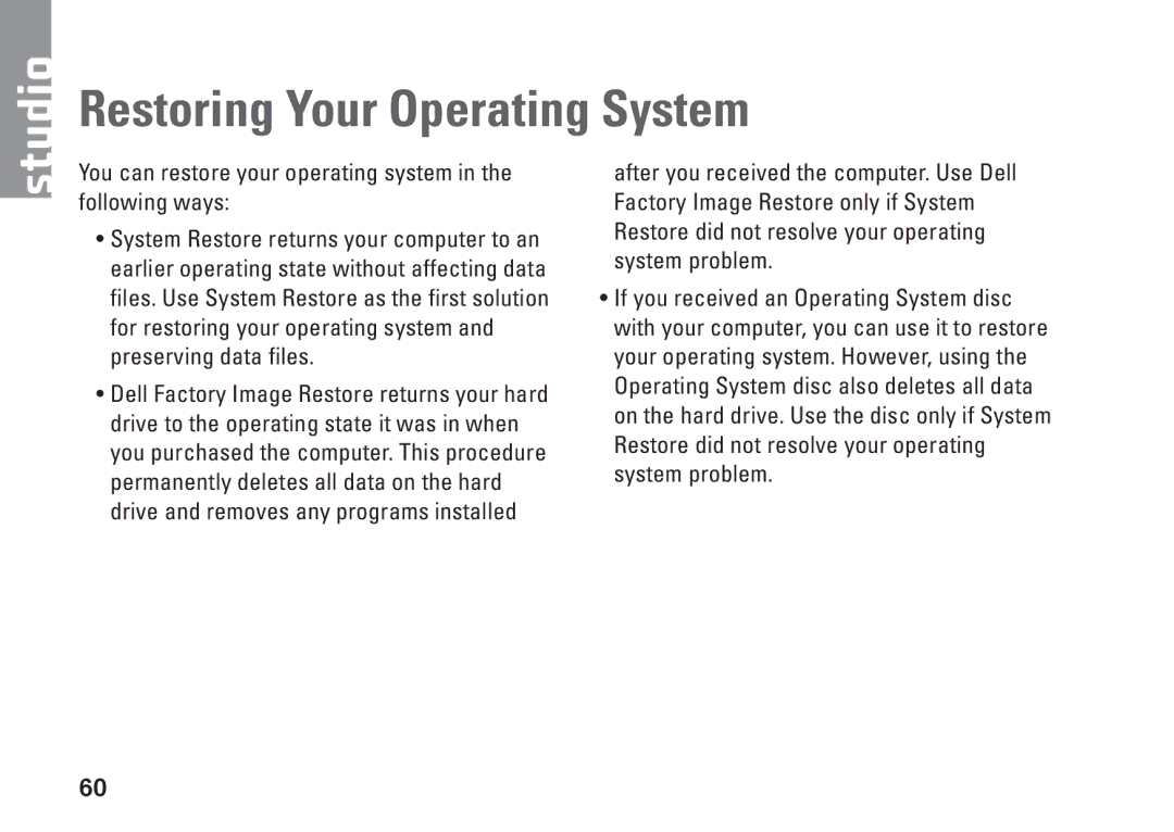 Dell P02E001, 1747, 1745, 0K027RA00 setup guide Restoring Your Operating System 