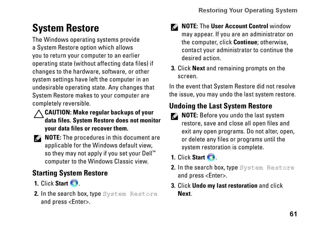 Dell P02E Starting System Restore, Undoing the Last System Restore, Click Undo my last restoration and click Next 