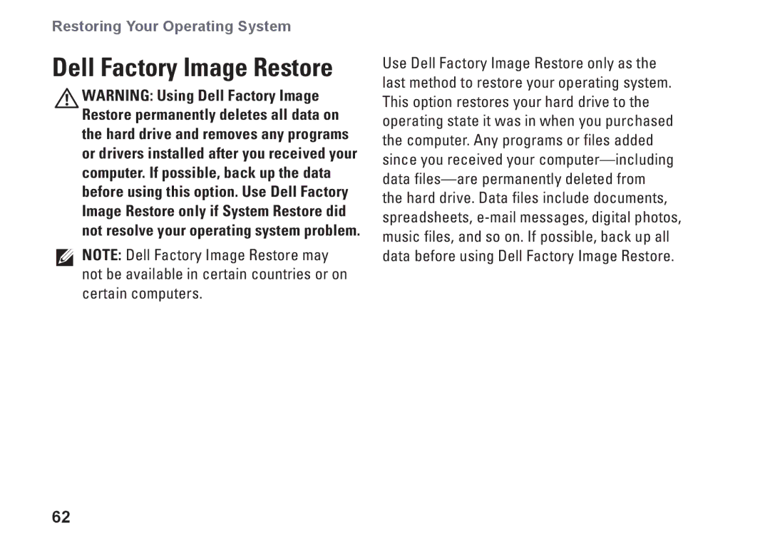 Dell 1747, 1745, P02E001, 0K027RA00 setup guide Dell Factory Image Restore 