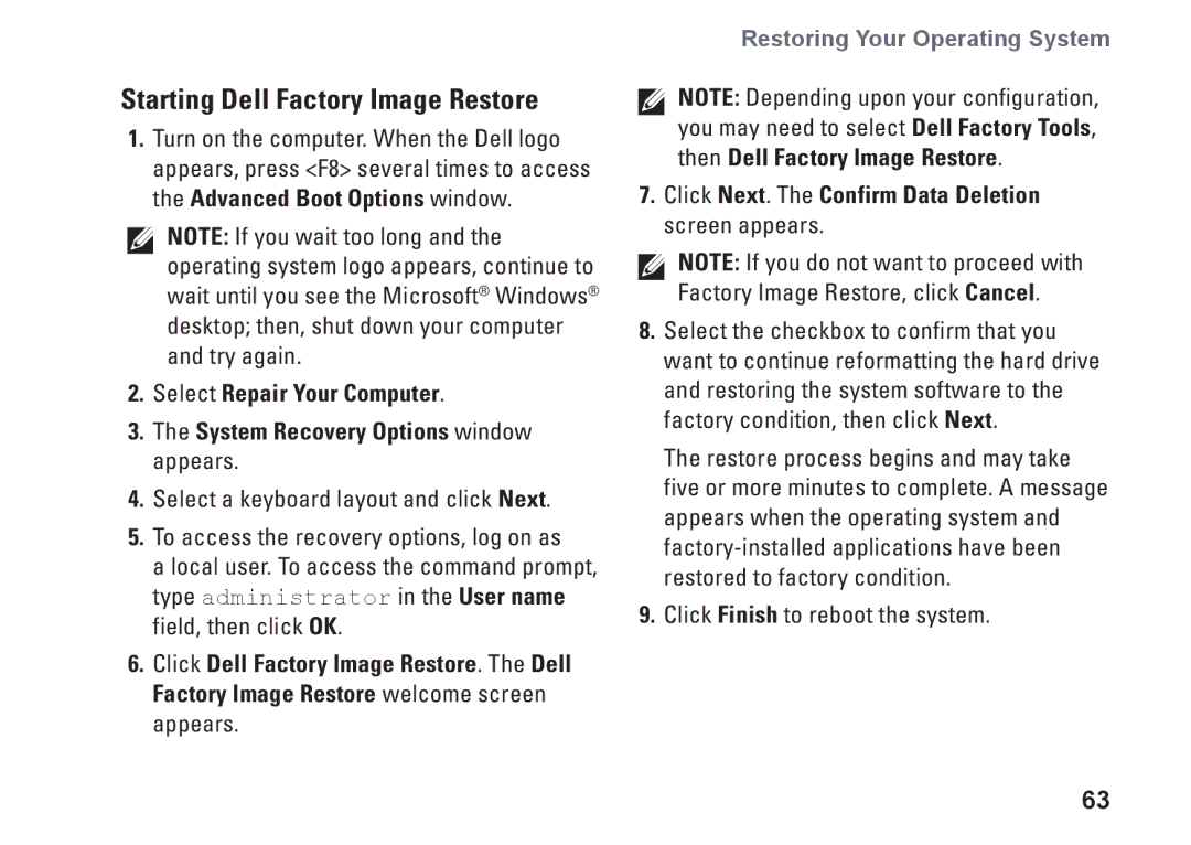 Dell 0K027RA00, 1747, 1745, P02E Starting Dell Factory Image Restore, Click Next. The Confirm Data Deletion screen appears 