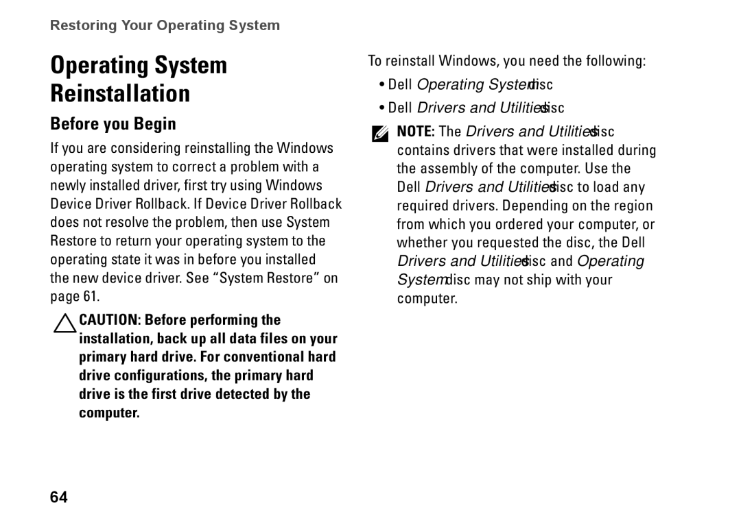 Dell 1747, 1745, P02E001, 0K027RA00 setup guide Operating System Reinstallation, Before you Begin 