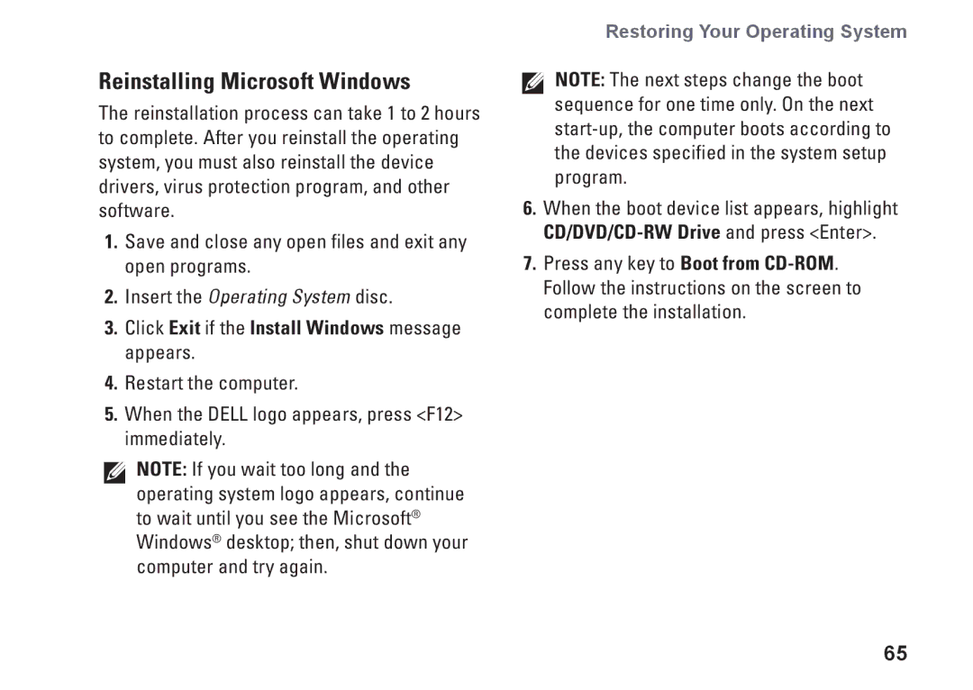 Dell 1745, 1747, P02E001, 0K027RA00 Reinstalling Microsoft Windows, Click Exit if the Install Windows message appears 