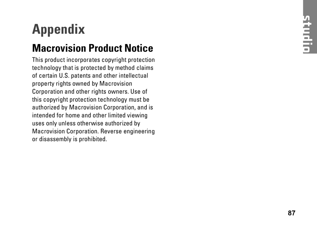 Dell 0K027RA00, 1747, 1745, P02E001 setup guide Appendix, Macrovision Product Notice 