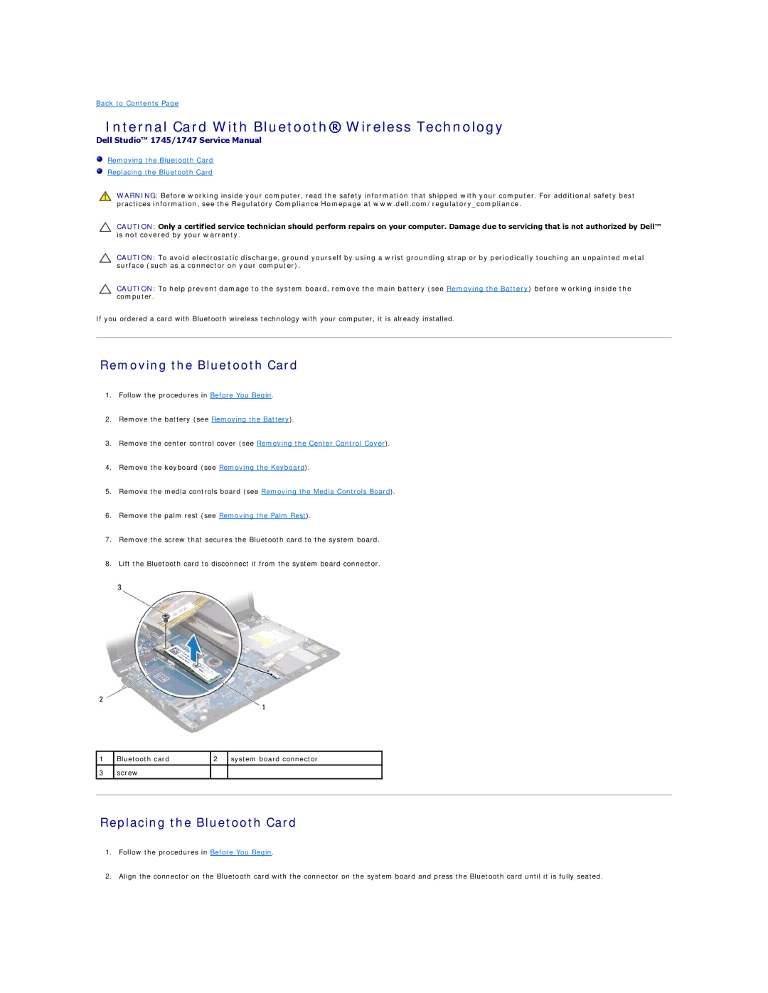 Dell 1747 Internal Card With Bluetooth Wireless Technology, Removing the Bluetooth Card, Replacing the Bluetooth Card 