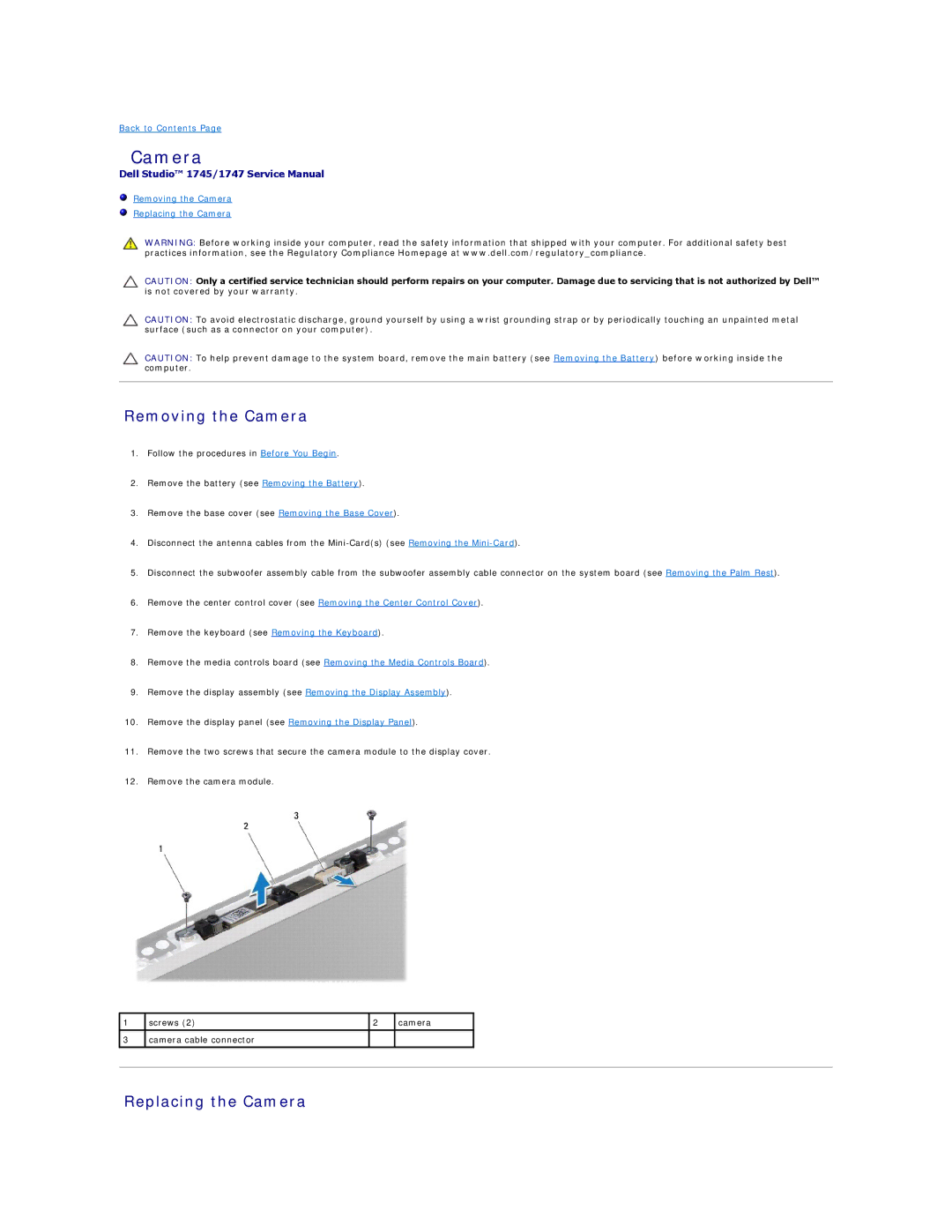 Dell 1747, 1745 manual Removing the Camera, Replacing the Camera 