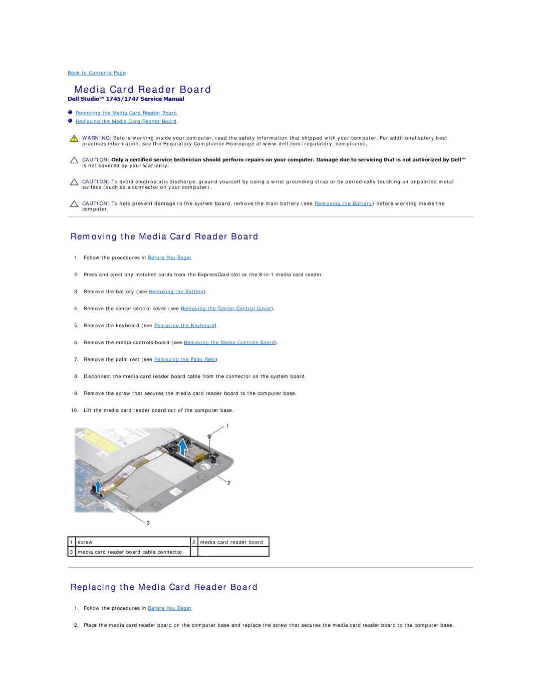 Dell 1747, 1745 manual Removing the Media Card Reader Board, Replacing the Media Card Reader Board 