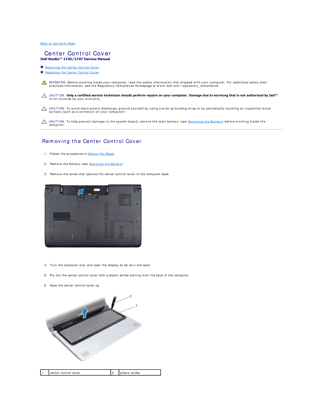 Dell 1747, 1745 manual Removing the Center Control Cover 