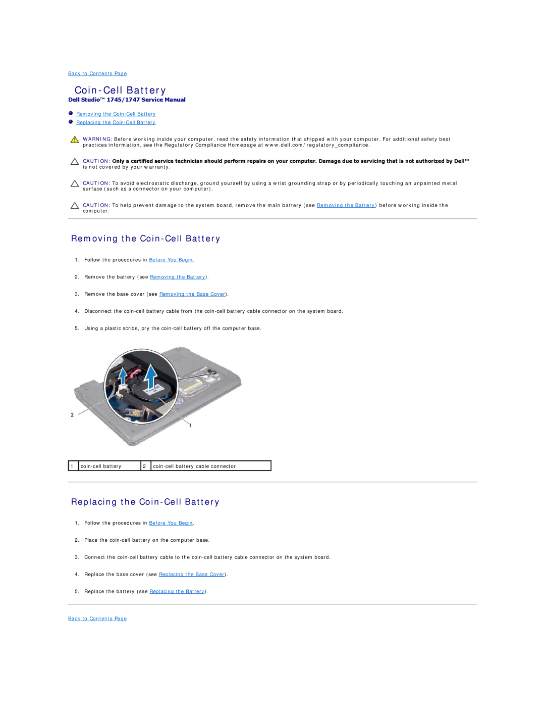 Dell 1747, 1745 manual Removing the Coin-Cell Battery, Replacing the Coin-Cell Battery 