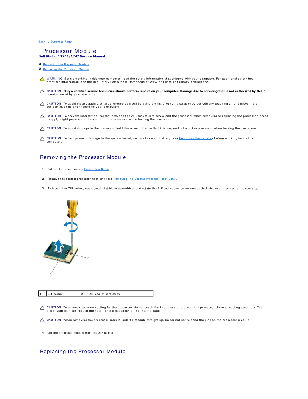 Dell 1745, 1747 manual Removing the Processor Module, Replacing the Processor Module 