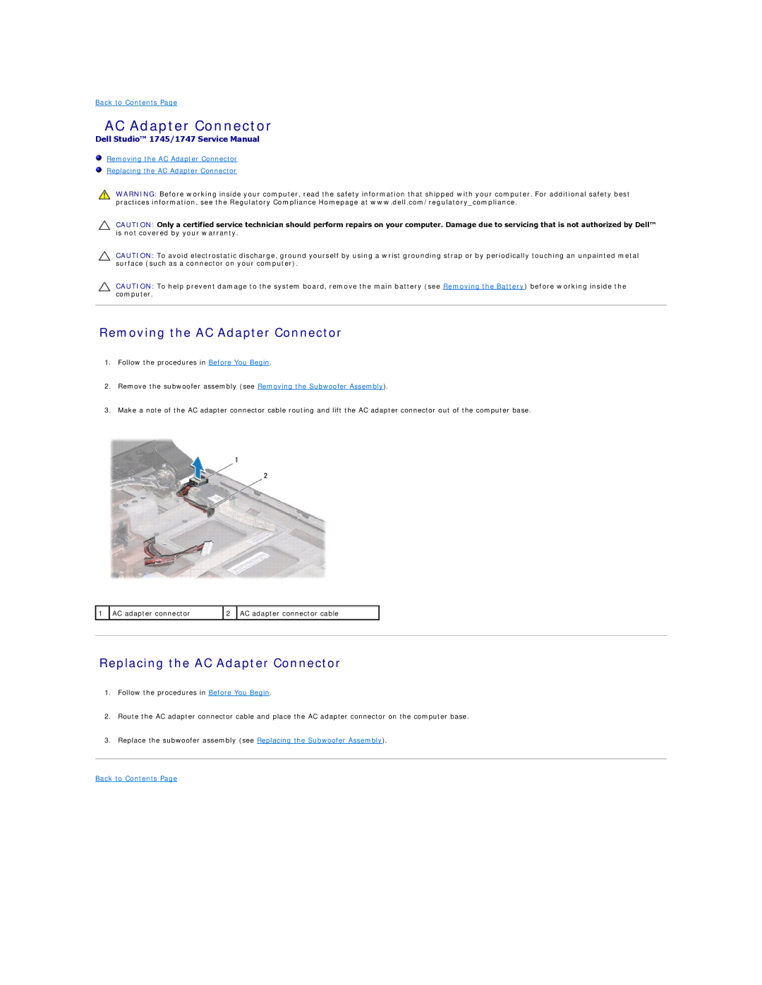 Dell 1747, 1745 manual Removing the AC Adapter Connector, Replacing the AC Adapter Connector 