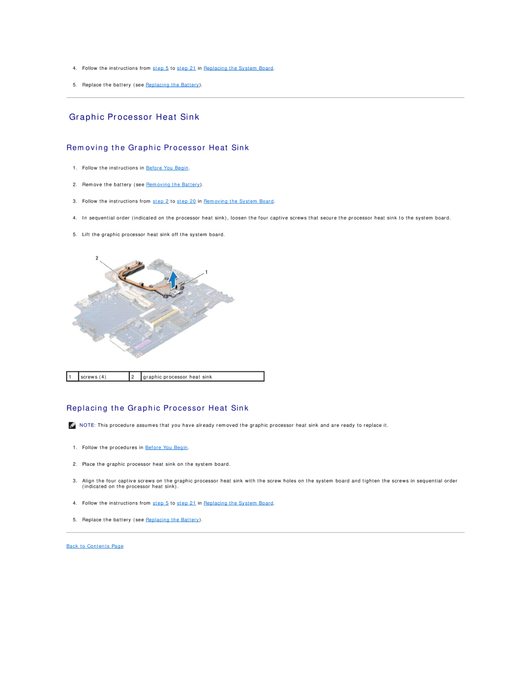 Dell 1747, 1745 manual Removing the Graphic Processor Heat Sink, Replacing the Graphic Processor Heat Sink 