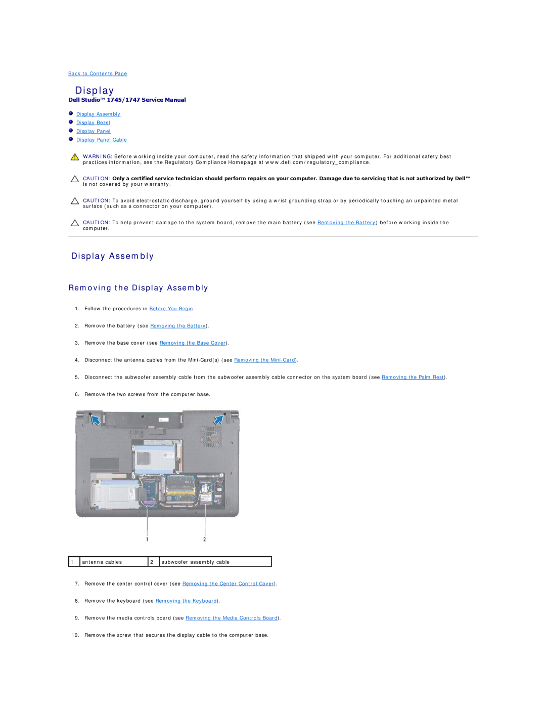 Dell 1745, 1747 manual Removing the Display Assembly 