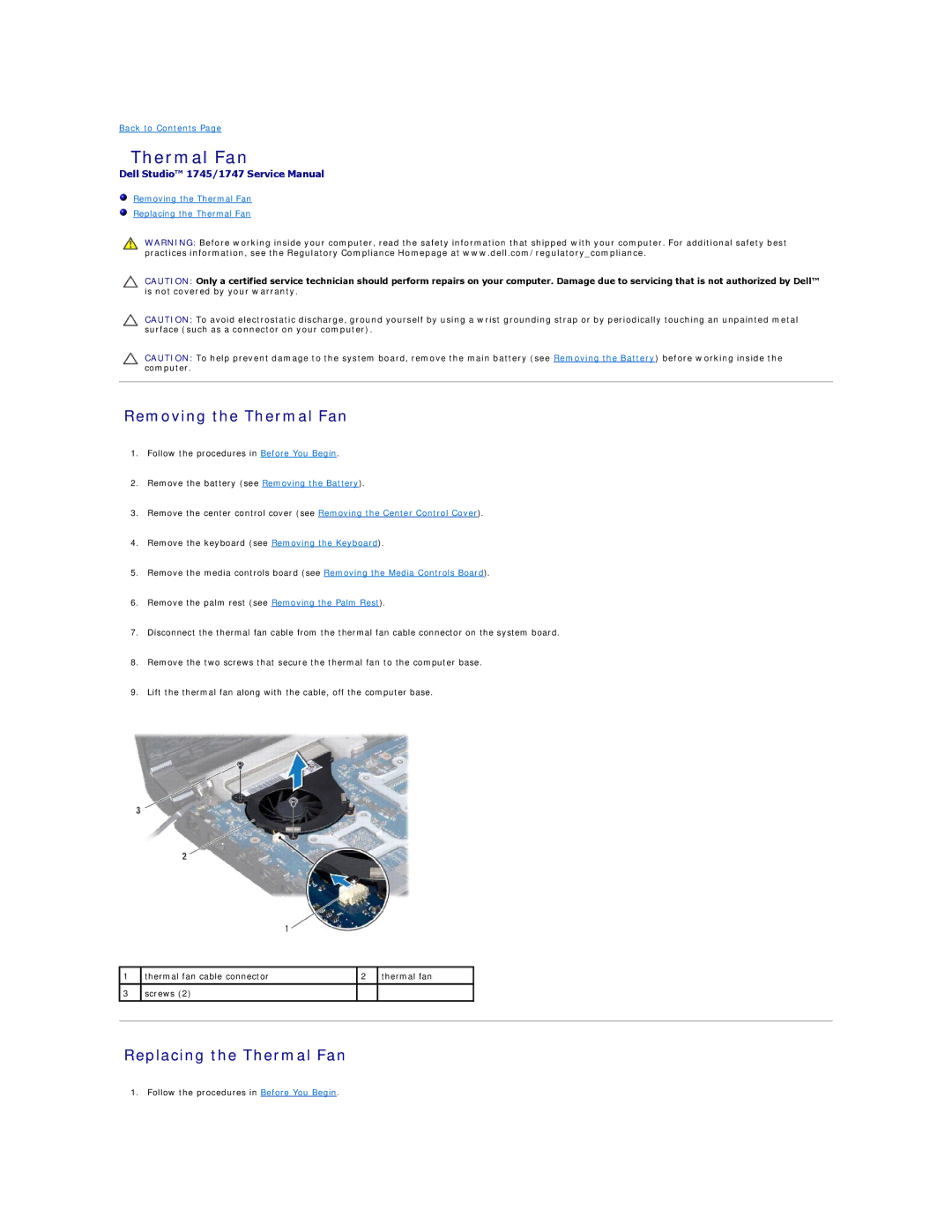 Dell 1747, 1745 manual Removing the Thermal Fan, Replacing the Thermal Fan 