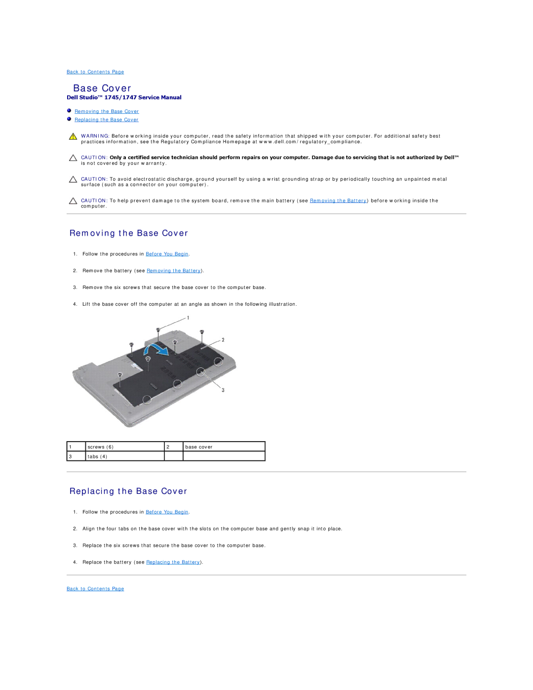 Dell 1745, 1747 manual Removing the Base Cover, Replacing the Base Cover 