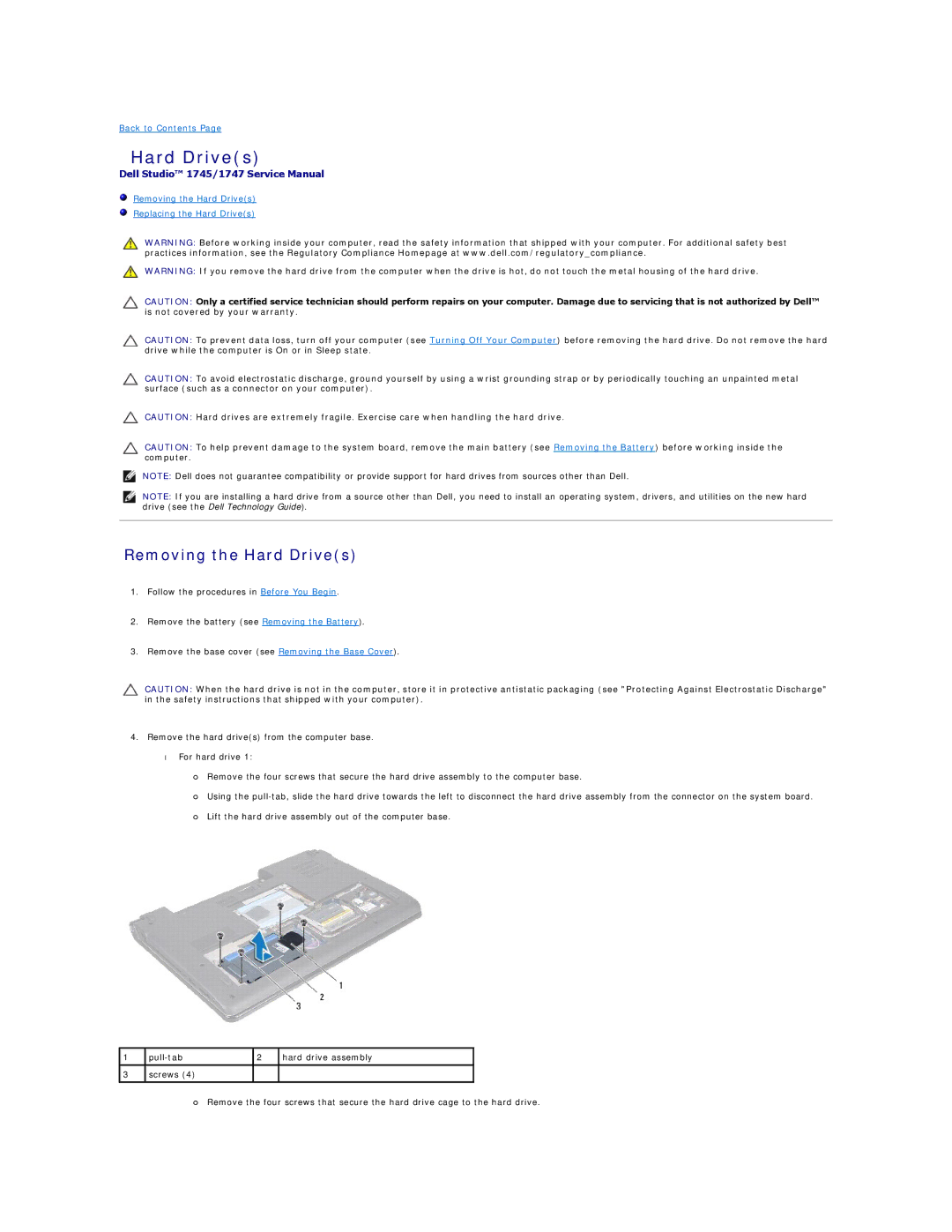 Dell 1747, 1745 manual Removing the Hard Drives 