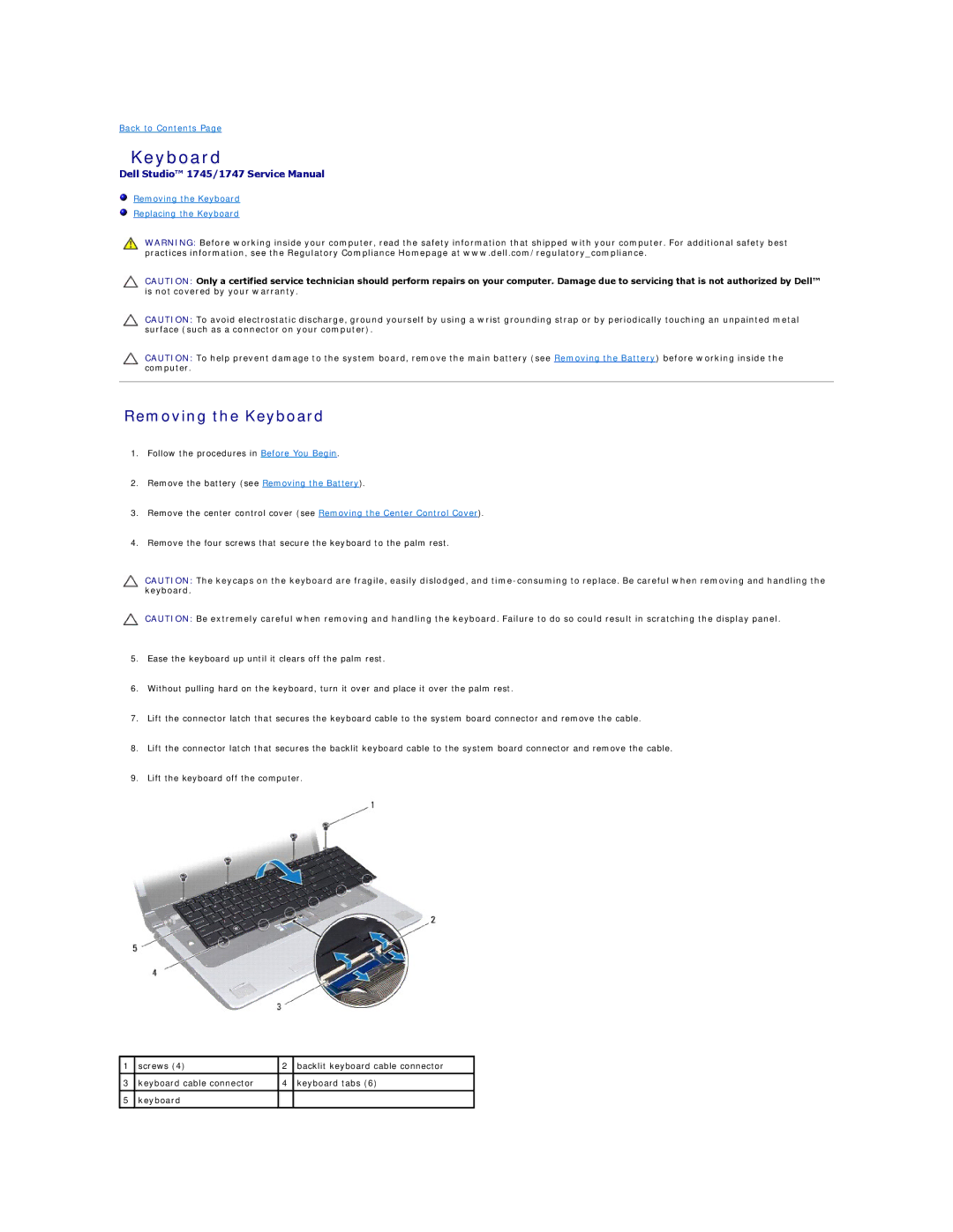 Dell 1745, 1747 manual Removing the Keyboard 