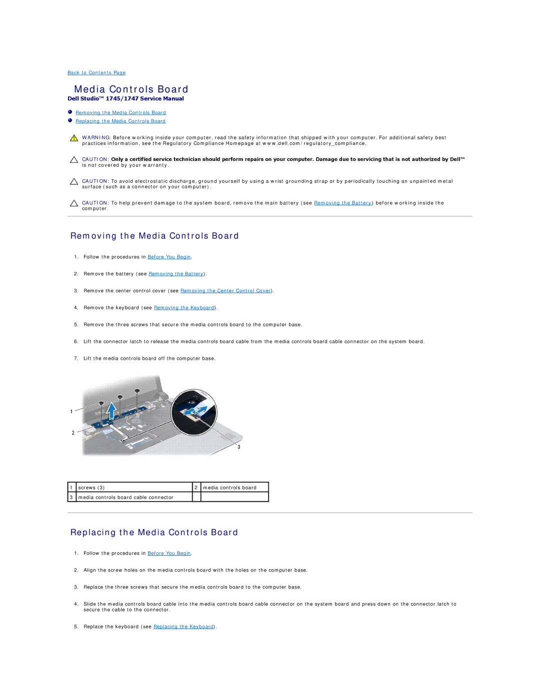 Dell 1745, 1747 manual Removing the Media Controls Board, Replacing the Media Controls Board 