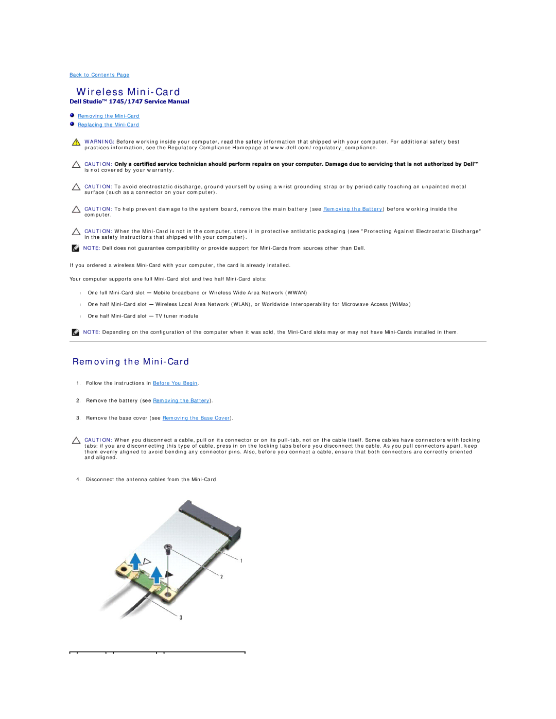 Dell 1745, 1747 manual Wireless Mini-Card, Removing the Mini-Card 