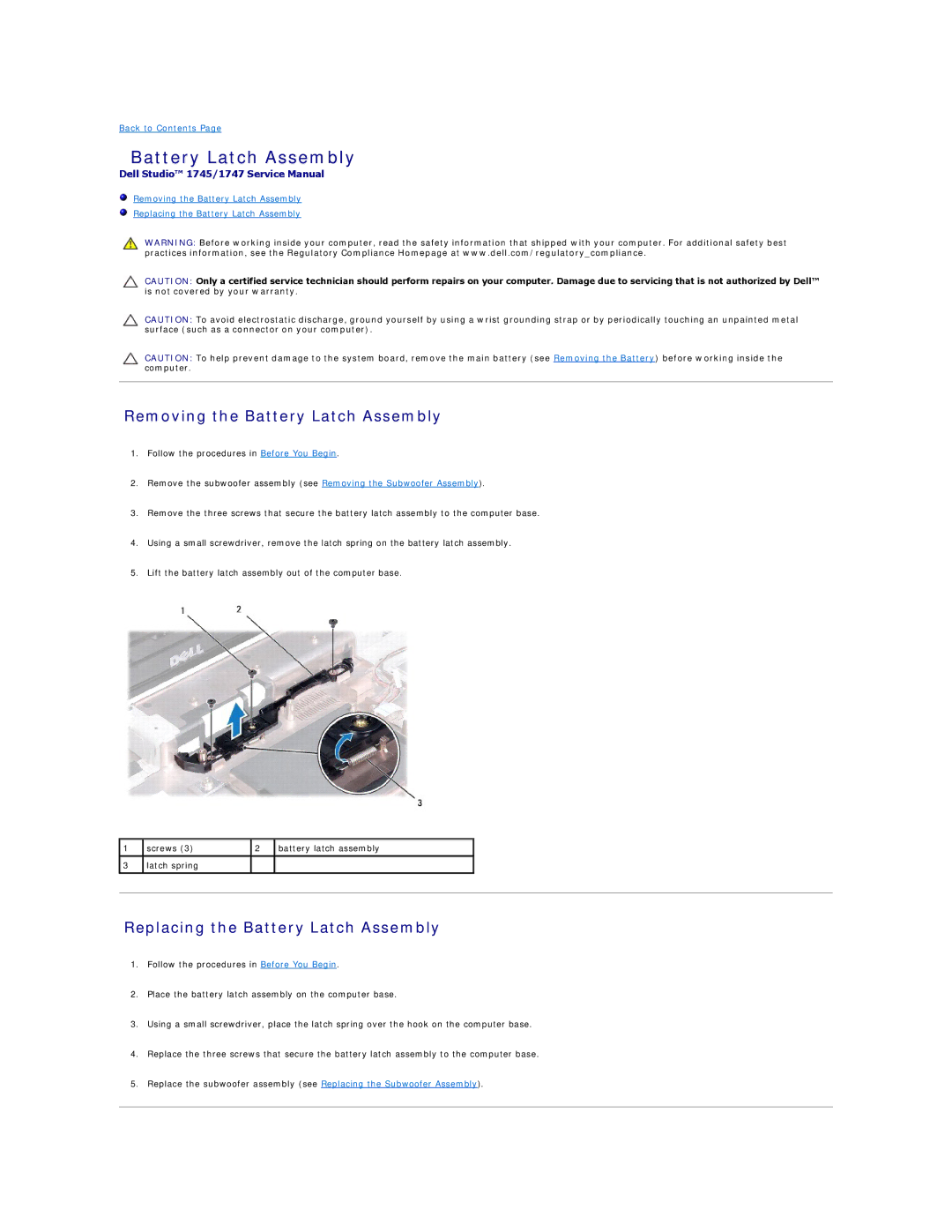 Dell 1747, 1745 manual Removing the Battery Latch Assembly, Replacing the Battery Latch Assembly 