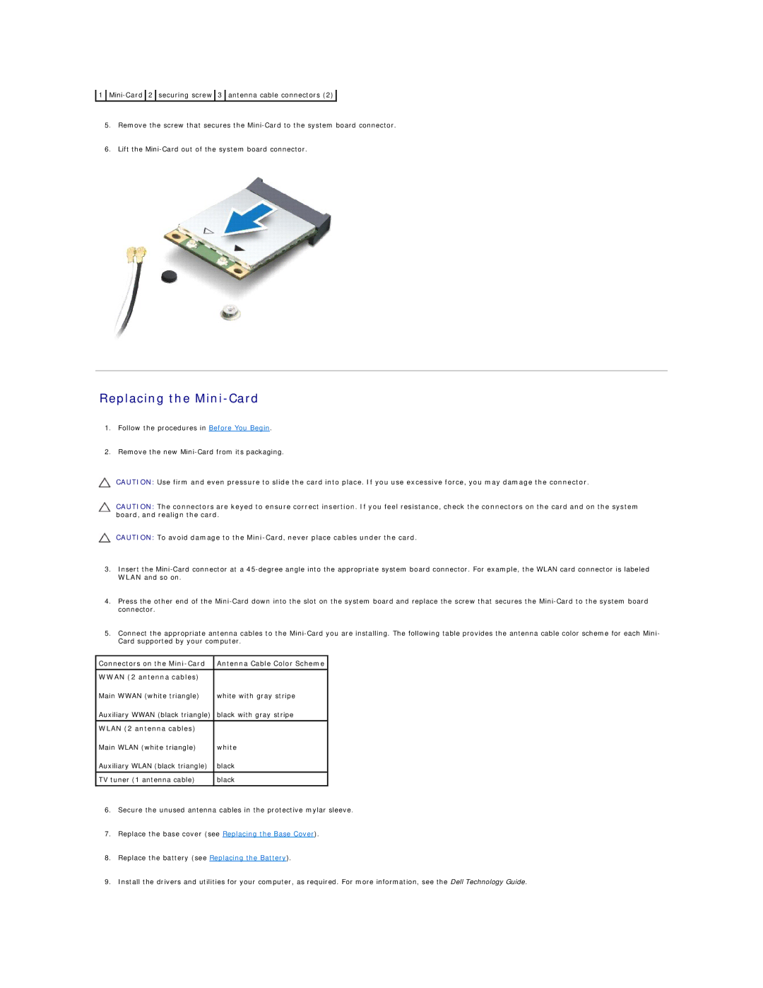 Dell 1747, 1745 manual Replacing the Mini-Card, Wlan 2 antenna cables 