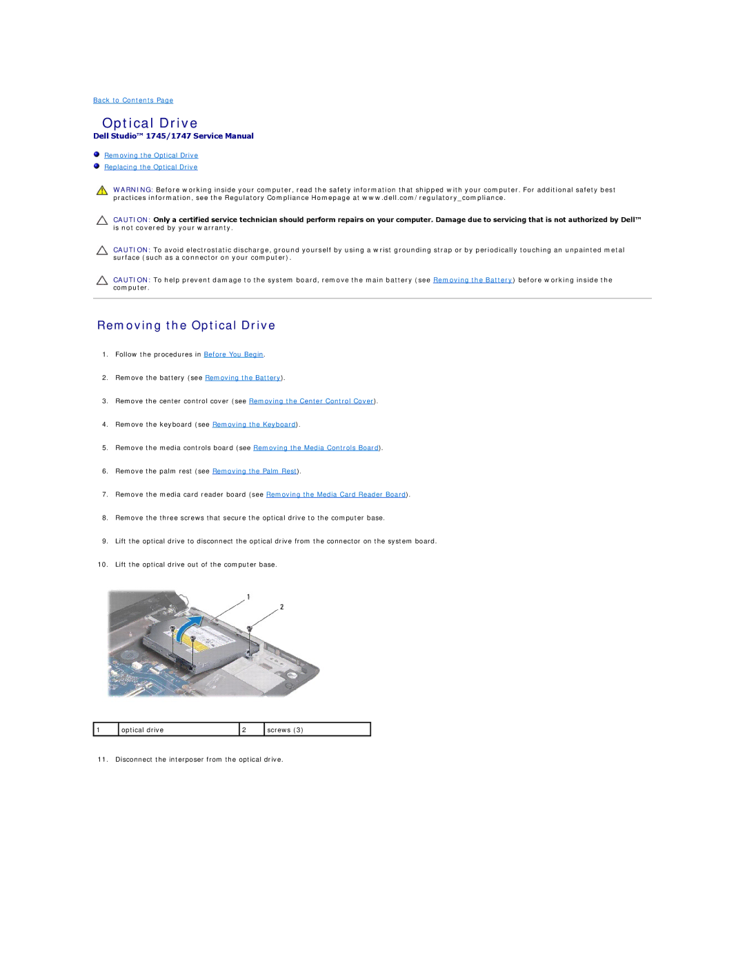 Dell 1747, 1745 manual Removing the Optical Drive 