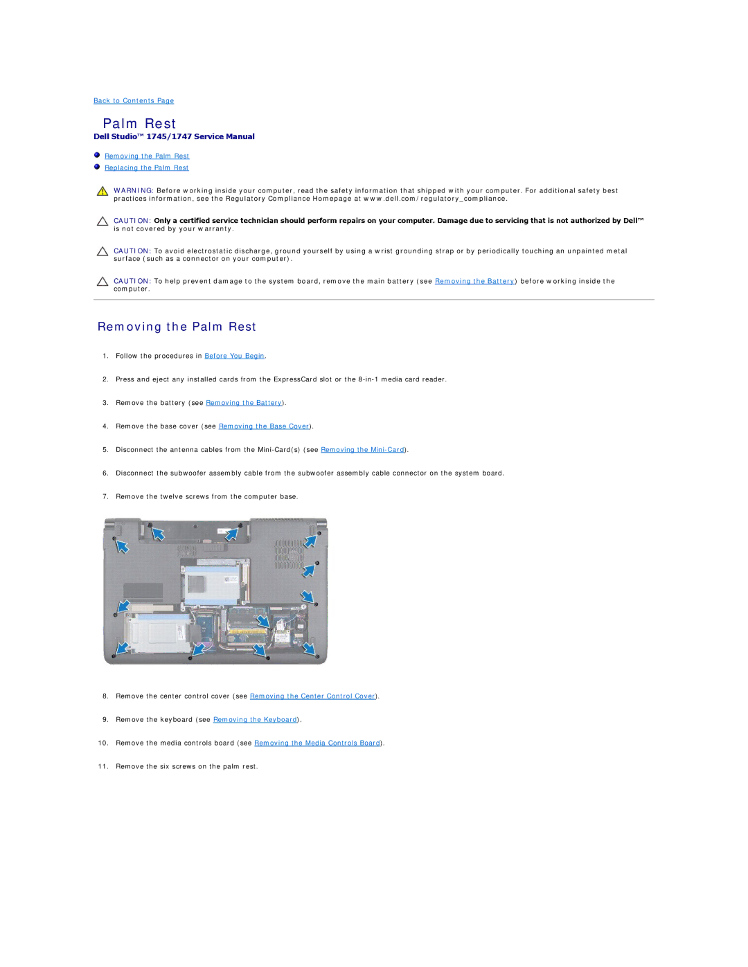 Dell 1747, 1745 manual Removing the Palm Rest 