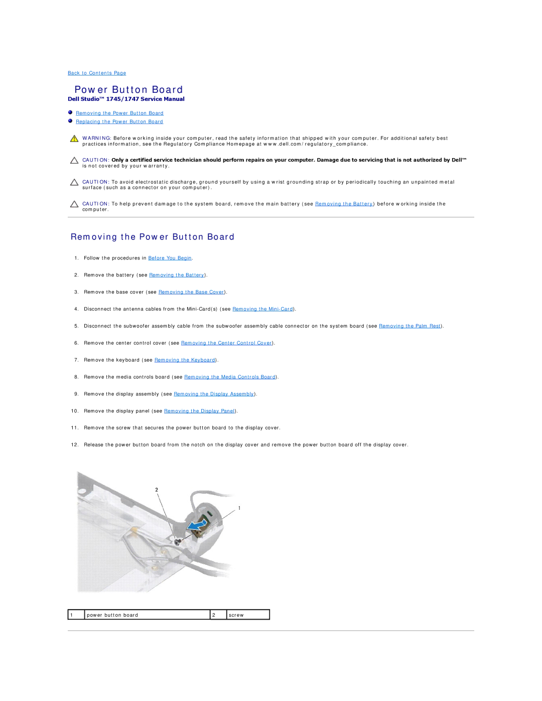 Dell 1747, 1745 manual Removing the Power Button Board 