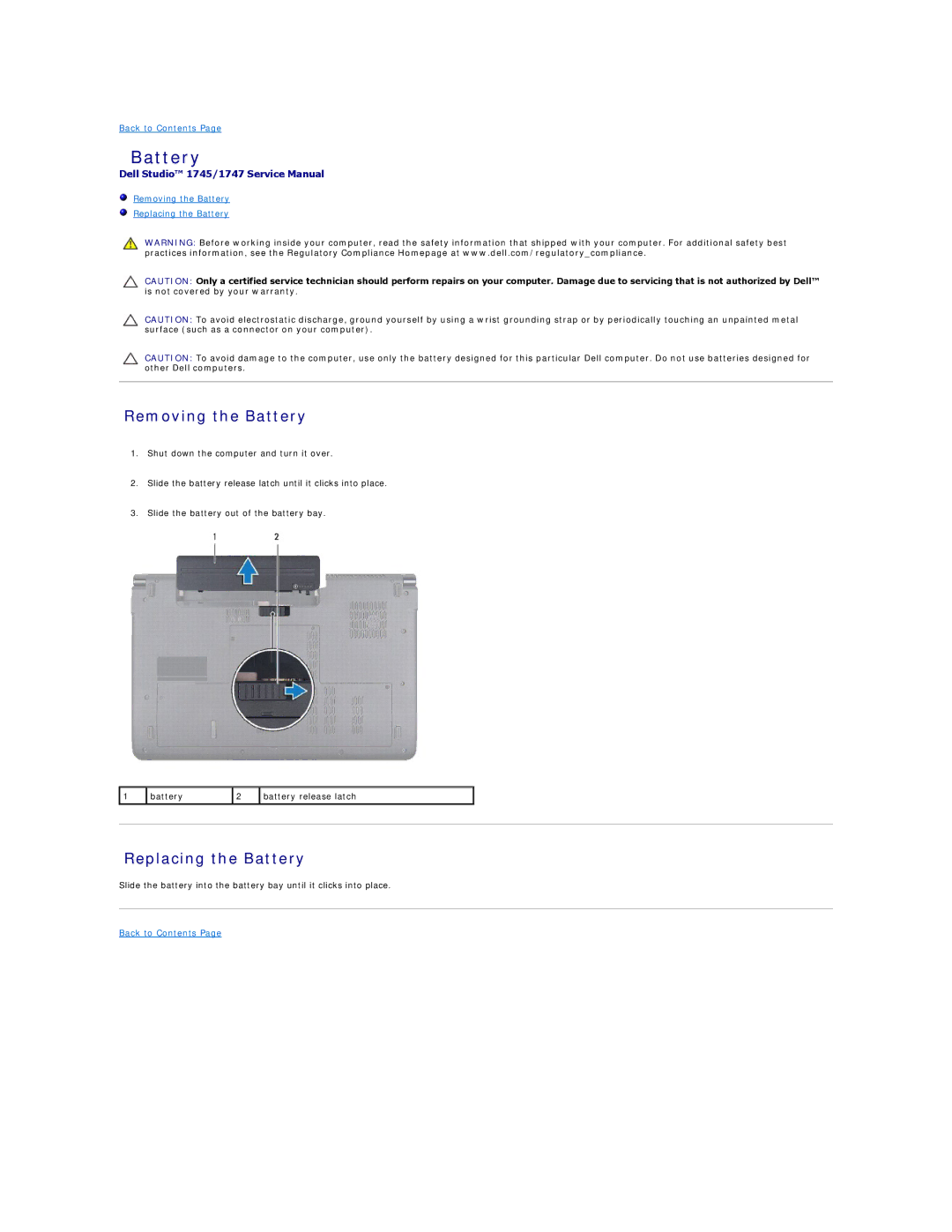 Dell 1747, 1745 manual Removing the Battery, Replacing the Battery 