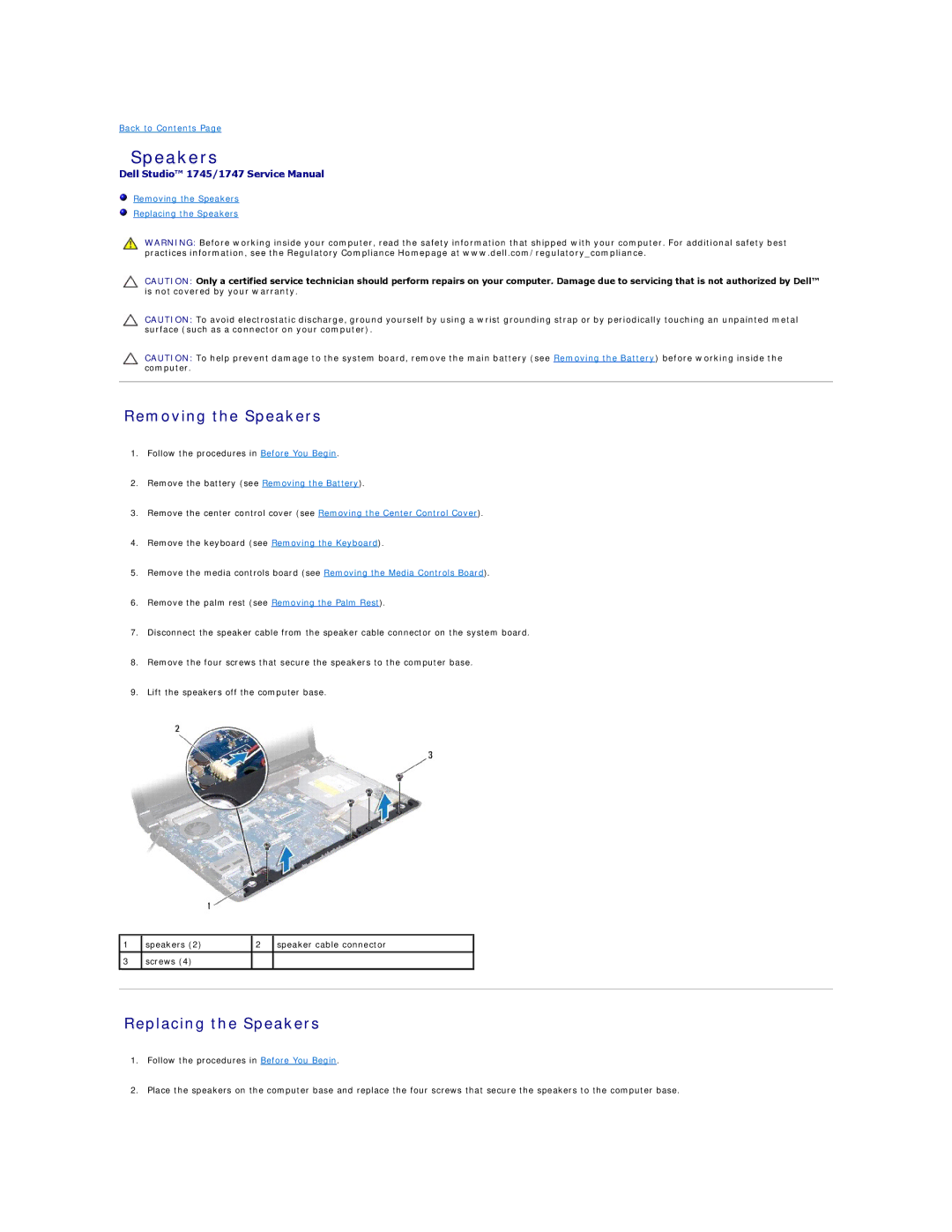 Dell 1745, 1747 manual Removing the Speakers, Replacing the Speakers 