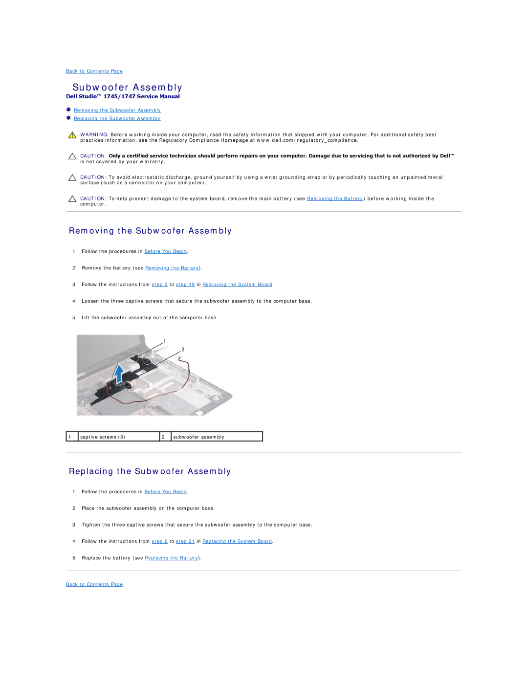 Dell 1745, 1747 manual Removing the Subwoofer Assembly, Replacing the Subwoofer Assembly 
