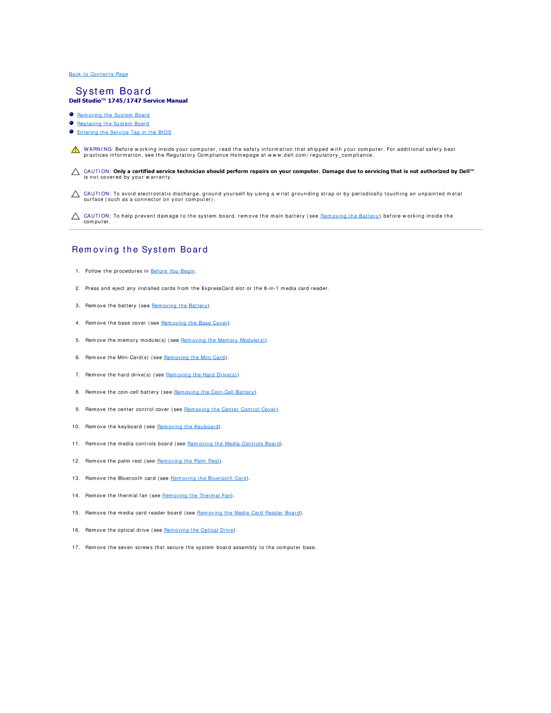 Dell 1747, 1745 manual Removing the System Board 