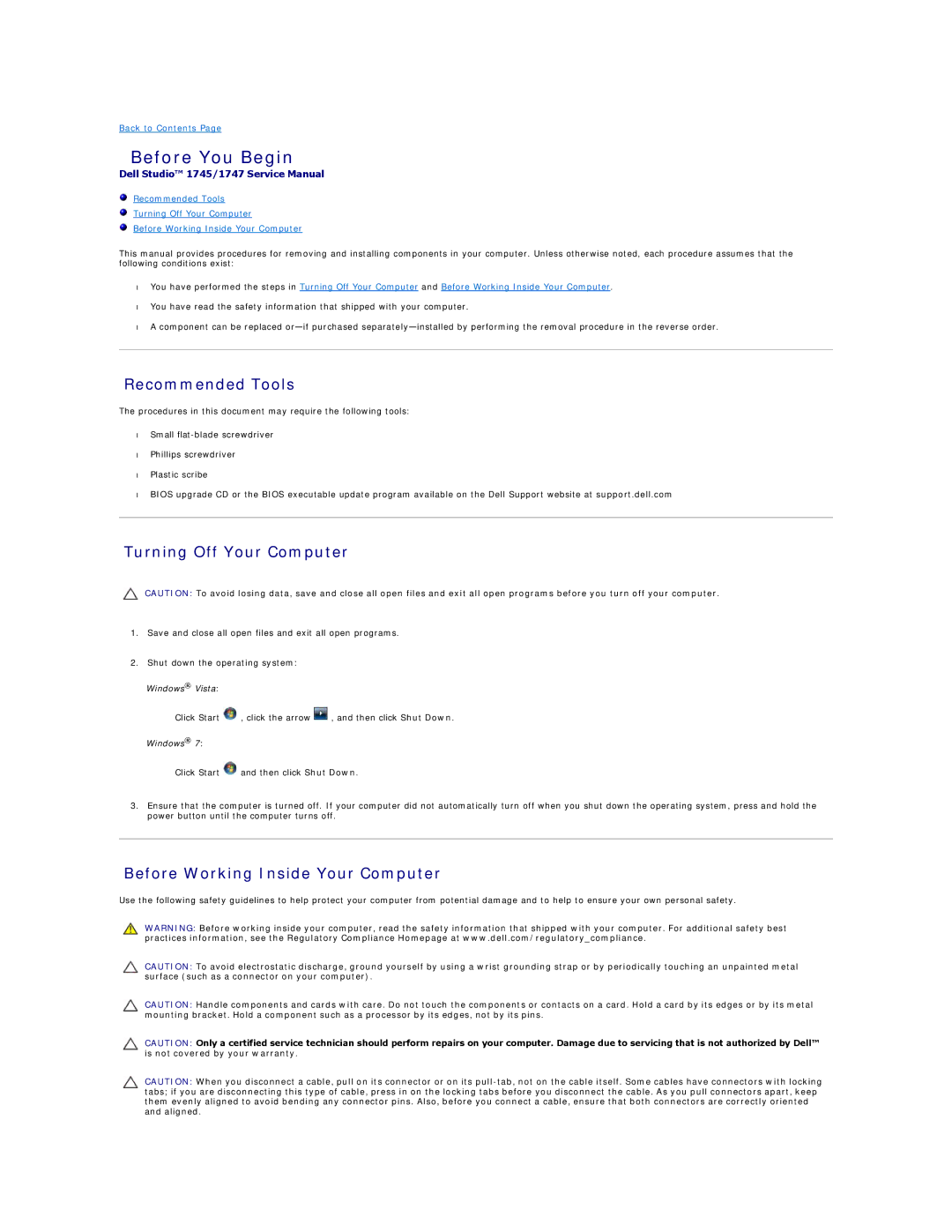 Dell 1747, 1745 manual Before You Begin, Recommended Tools, Turning Off Your Computer, Before Working Inside Your Computer 