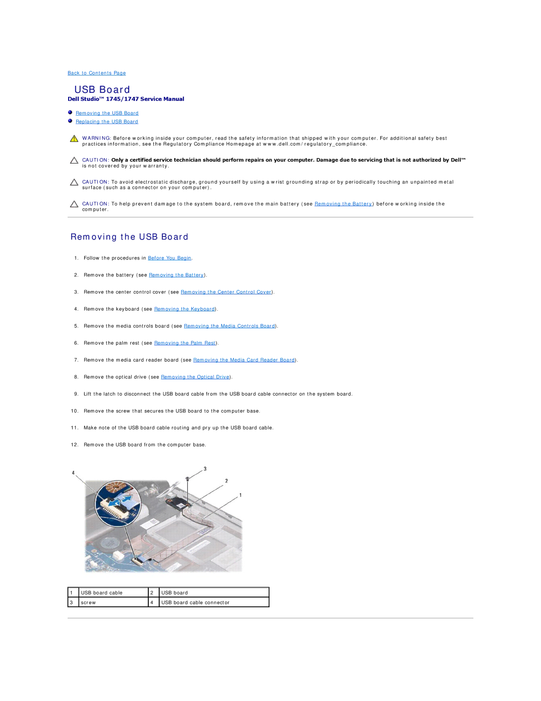 Dell 1747, 1745 manual Removing the USB Board 