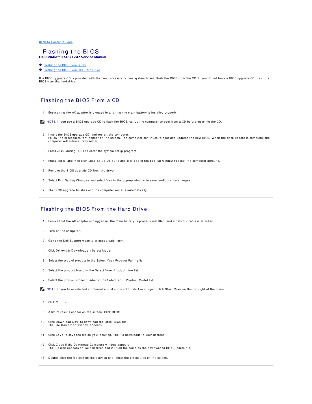 Dell 1747, 1745 manual Flashing the Bios From a CD, Flashing the Bios From the Hard Drive 