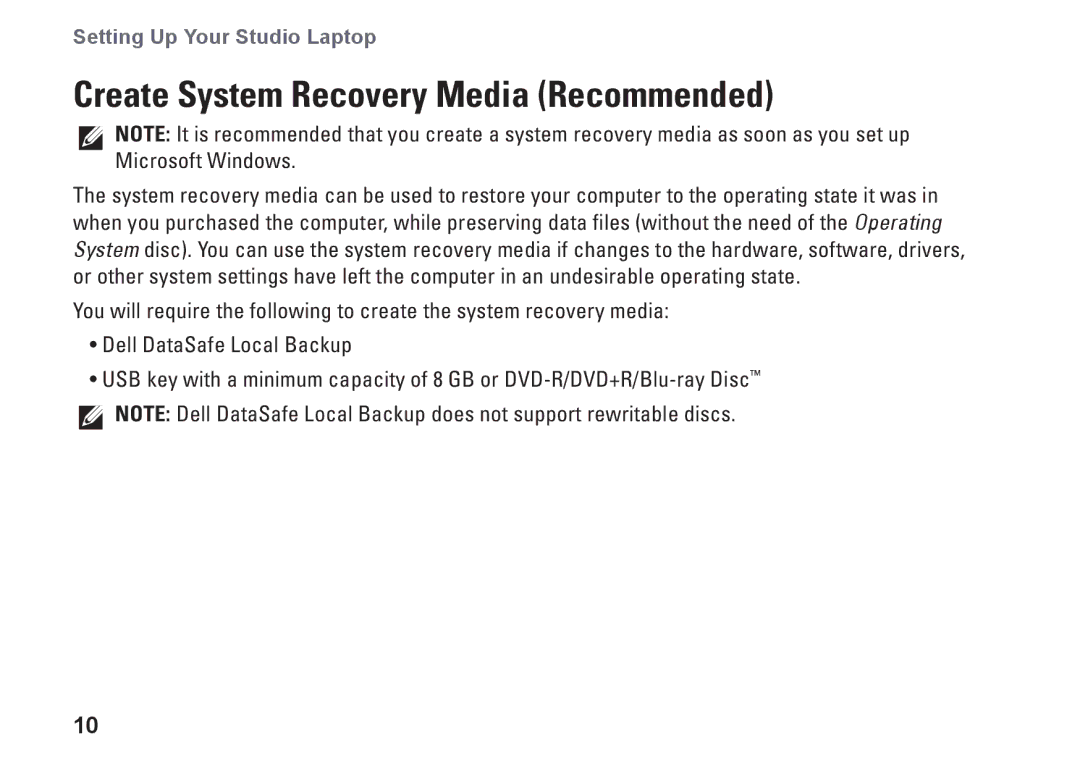 Dell 1749, P02E002, 0GYVXHA00 setup guide Create System Recovery Media Recommended 