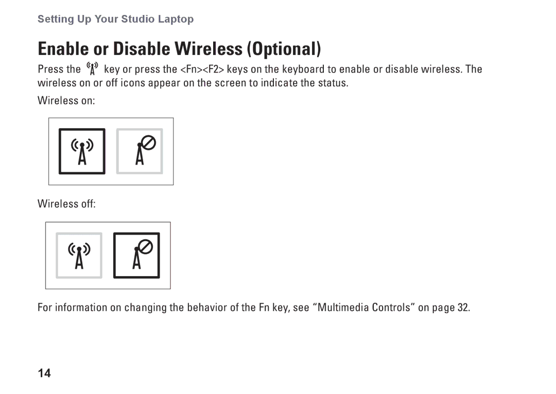 Dell 1749, P02E002, 0GYVXHA00 setup guide Enable or Disable Wireless Optional 