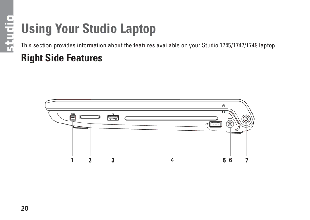 Dell 1749, P02E002, 0GYVXHA00 setup guide Using Your Studio Laptop, Right Side Features 