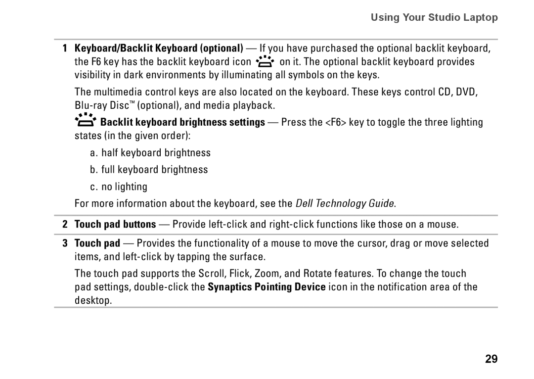 Dell 0GYVXHA00, 1749, P02E002 setup guide Using Your Studio Laptop 