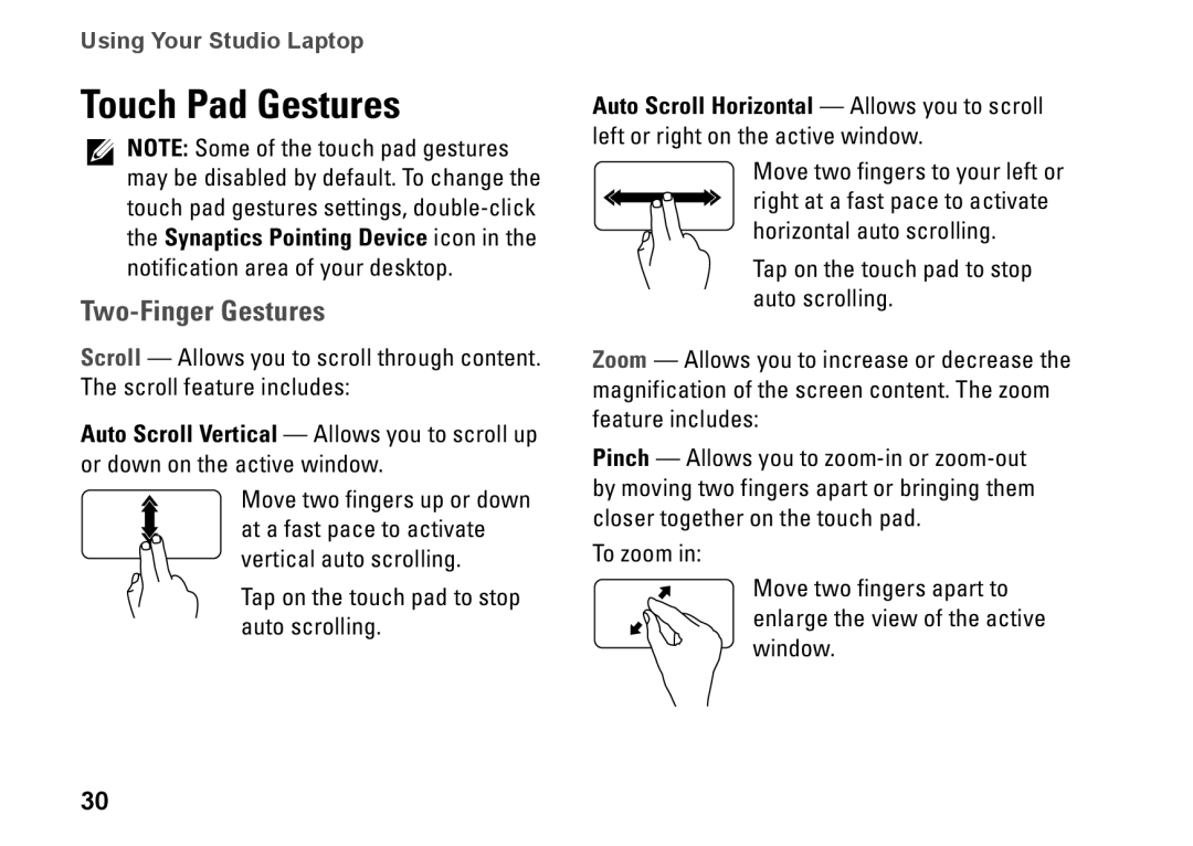 Dell 1749, P02E002, 0GYVXHA00 setup guide Touch Pad Gestures, Two-Finger Gestures 