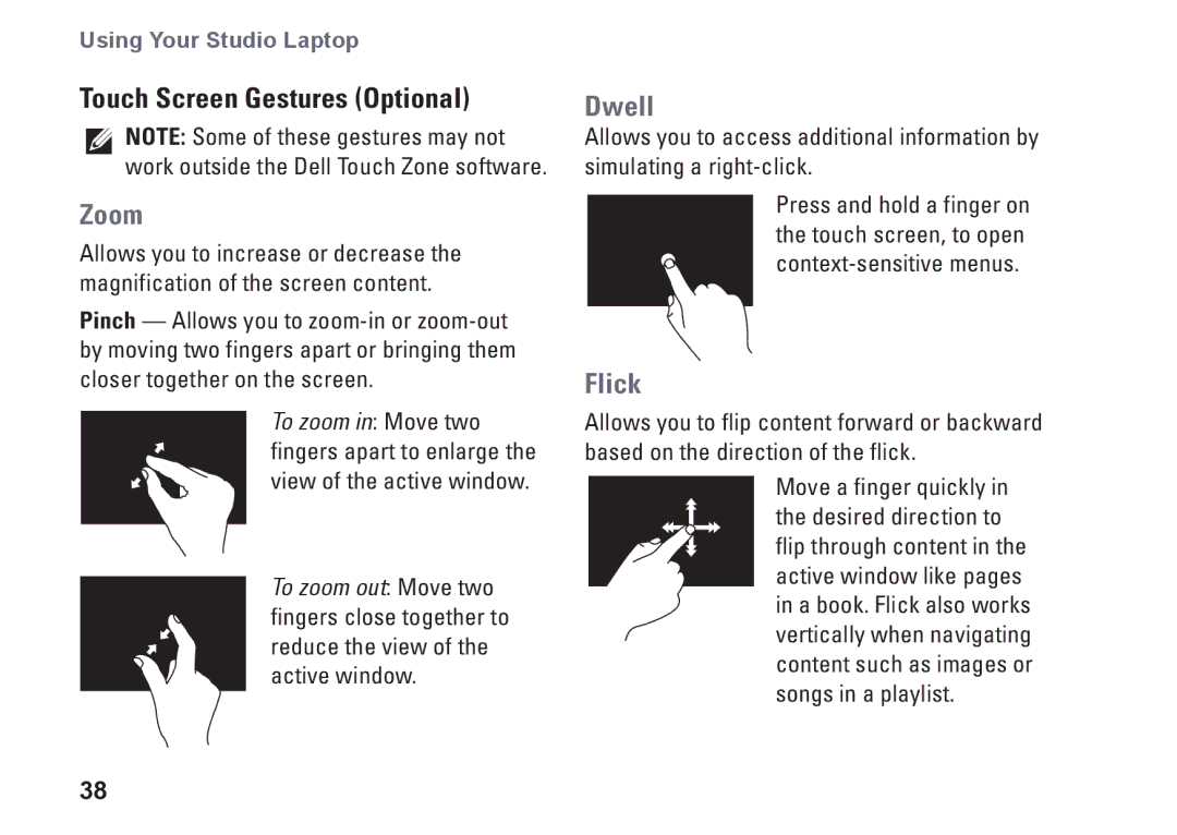 Dell 1749, P02E002, 0GYVXHA00 setup guide Touch Screen Gestures Optional, Zoom 