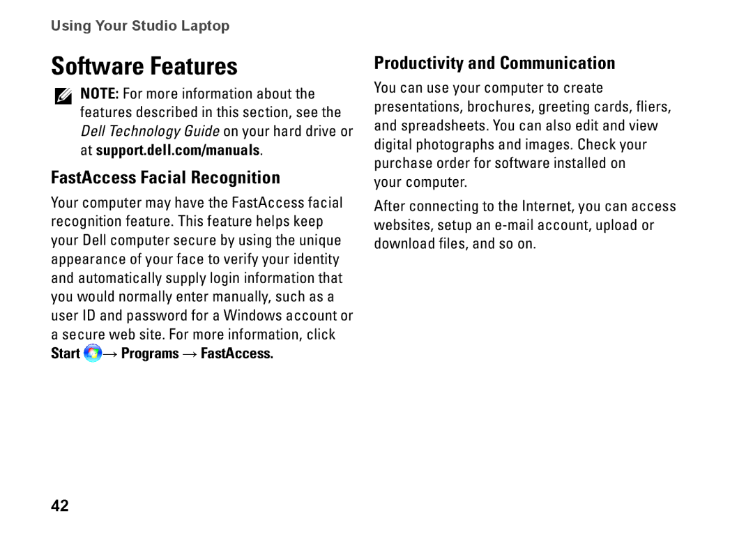 Dell 1749, P02E002, 0GYVXHA00 setup guide Software Features, FastAccess Facial Recognition, Productivity and Communication 