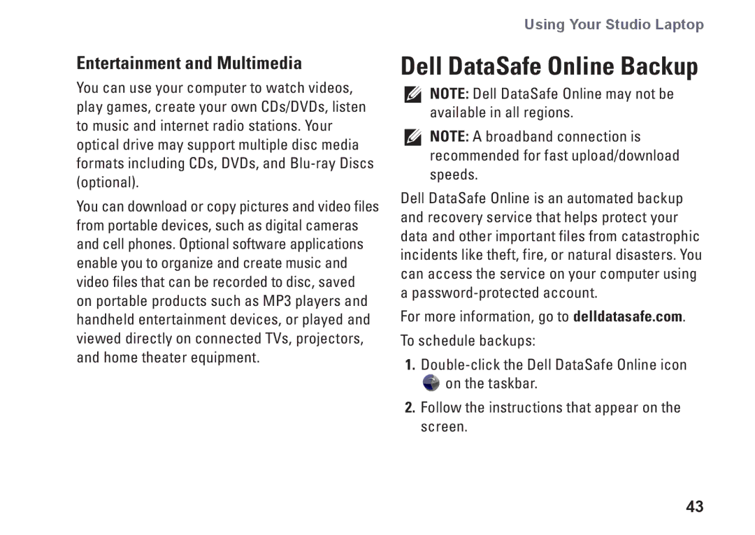 Dell P02E002, 1749, 0GYVXHA00 setup guide Dell DataSafe Online Backup, Entertainment and Multimedia 