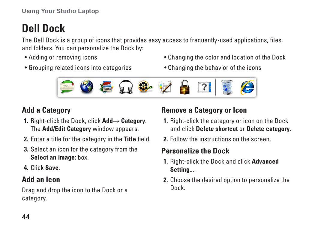 Dell 1749, P02E002, 0GYVXHA00 Dell Dock, Add a Category, Add an Icon, Remove a Category or Icon, Personalize the Dock 