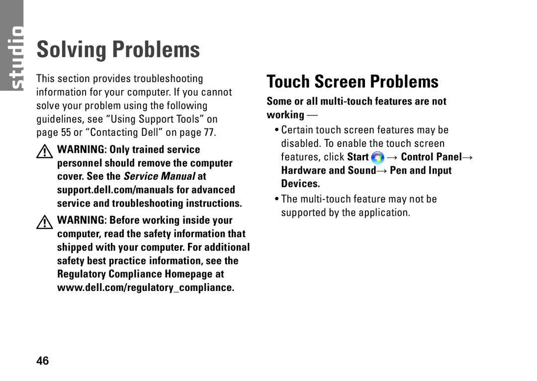 Dell 1749, P02E002 Solving Problems, Touch Screen Problems, Some or all multi-touch features are not working, Devices 