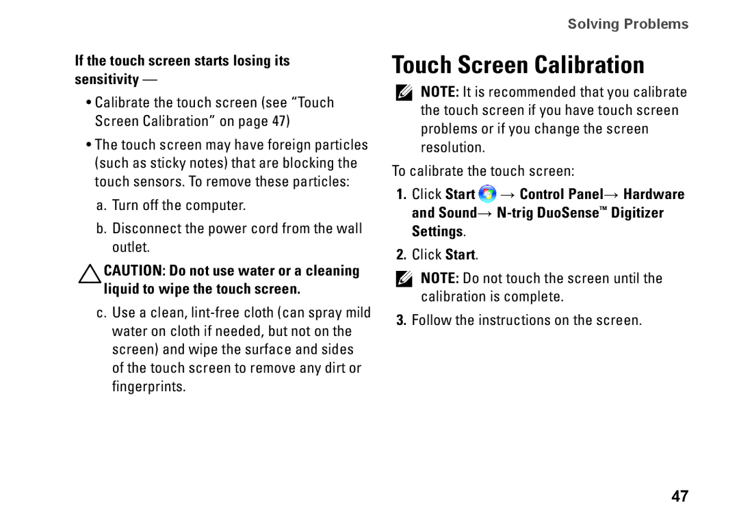 Dell P02E002, 1749, 0GYVXHA00 setup guide Touch Screen Calibration, If the touch screen starts losing its sensitivity 