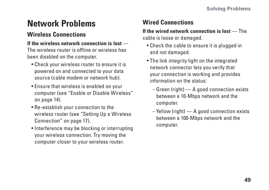 Dell 0GYVXHA00, 1749, P02E002 setup guide Network Problems, Wireless Connections, Wired Connections 