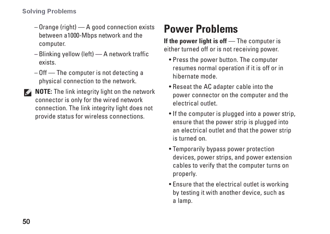 Dell 1749, P02E002, 0GYVXHA00 setup guide Power Problems 